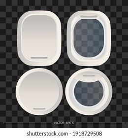 Set of Realistic gray portholes isolated on a white background. Open and closed window of a spaceship or airplane. Vector illustration