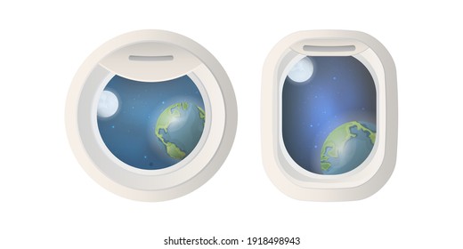 Set of Realistic gray portholes with space views. Isolated on a white background. Vector illustration