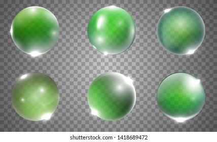 Set Of Realistic Green 3d Glass Ball Or Sphere Isolated On Transparent Background. Vector Illustration.