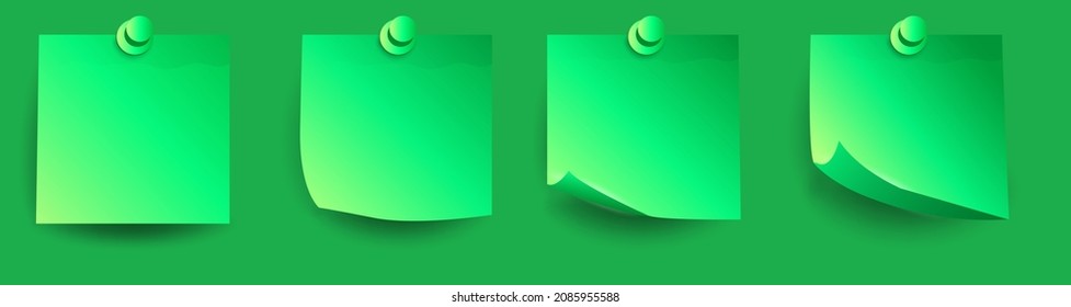 Conjunto de pegatinas de papel 3D verdes realistas con esquinas y sombras curvadas. Para el diseño de postales, carteles, banners, sitios web, etc. Vector 