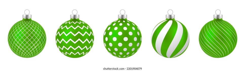 Set von realistischen grünen Weihnachtsbällen mit Ornament einzeln auf weißem Hintergrund.