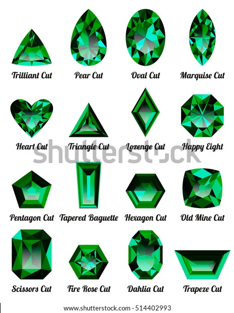 白い背景にリアルな緑のエメラルドと複雑なカット 宝石と宝石 カラフルな宝石と宝石 トリリアント ナシ 楕円 マーキズ ハート 三角形 菱形 ハッピー8 のベクター画像素材 ロイヤリティフリー