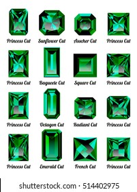 Set of realistic green emeralds with rectangle cuts isolated on white background. Jewel and jewelry. Colorful gems and gemstones. Princess, sunflower, asscher, baguette, square, octagon, radiant