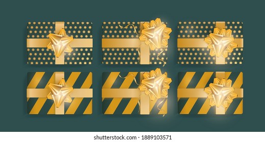 Set of Realistic Green Gift Boxes with Gold Stars, Gold Ribbons and Bow. View from above. Vector illustration.
