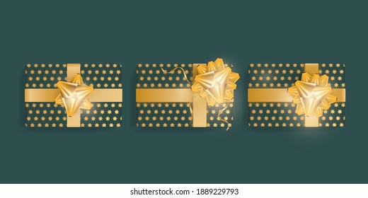 Set of Realistic Green Gift Boxes with Gold Stars, Gold Ribbons and Bow. View from above. Vector