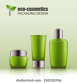 Set of realistic green glass bottles with silver cap for eco-cosmetic. Empty package for skincare cosmetic - face cream jar, emulsion, lotion. Blank template, vector mockup for broshure, ads, magazine