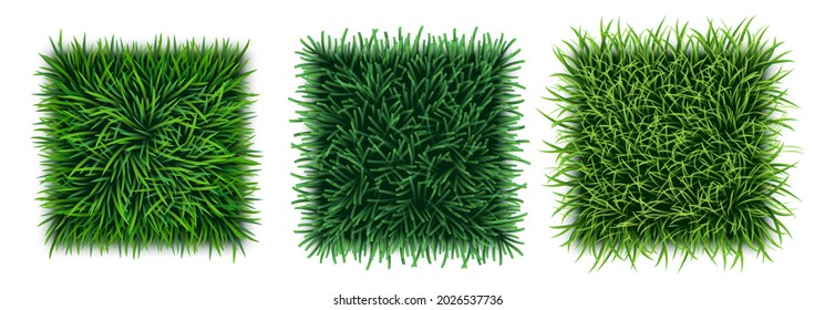 Set of realistic green grass textures with fresh turf carpet, field or lawn, top view. Seamless pattern of organic eco floral texture with leaves. 3d vector illustration