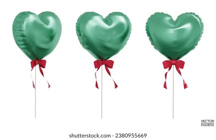 Set of realistic green heart balloons with red rbbon isolated on background. Helium green heart balloons clipart for anniversary, birthday, wedding, Christmas, card  party. 3D vector illustration