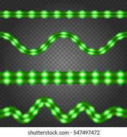Set of realistic green neon or led glowing light stripes on transparent background. Horizontal seamless objects.