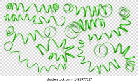 Set of realistic green ribbons on transparency background. Vector illustration. Can be used for greeting card, holidays, banners, gifts and etc.