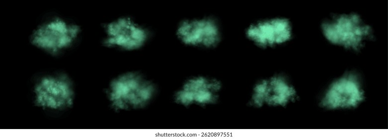 Set of realistic green smokes or haze on a black background. Magic fog, vapor. Vector illustration