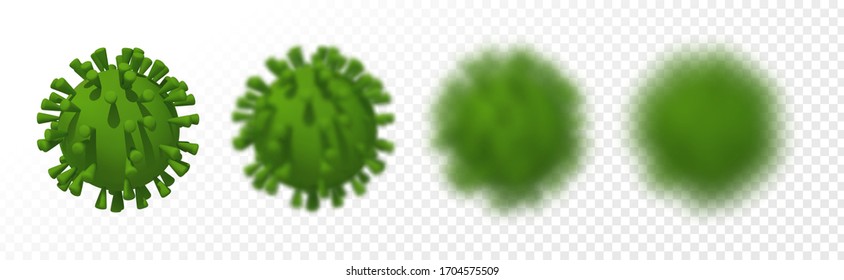 Set von realistischen grünen Mikrobensymbolen mit unterschiedlichem Grad an Unschärfe einzeln auf transparentem Hintergrund. Vektorgrafik des Coronavirus (COVID-19, Corona-Virus, Virus Covid 19-NCP)