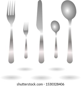 Set of realistic grey fork, spoon and knife icons with shadow isolated on white background. Vector Illustration for cutlery symbols.  