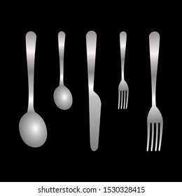 Set of realistic grey fork, spoon and knife icons isolated on black background. Vector Illustration for cutlery symbols.  