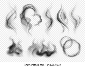 Set of realistic grey smoke and steam from coffee tea cigarettes or hot food isolated on transparent background vector illustration 