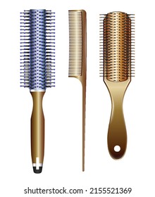 set of realistic hairbrush isolated or hot curling radial brush comb or barbershop equipment tools concept. eps vector