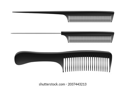 Set of realistic hairbrushes and combs, barbershop accessories tools. Isolated hair brushes, barber and hairdresser equipment for hairstyle salon. 3d vector illustration