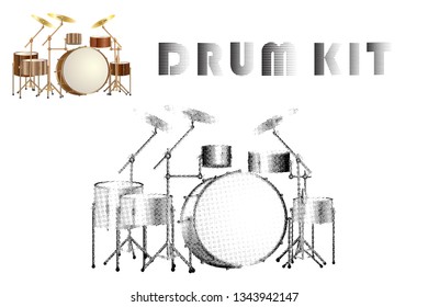 Set of realistic and halftone silhouette drum kit icons isolated on white background