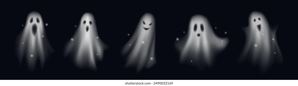 Set of Realistic Halloween ghosts. Scary silhouettes of translucent phantoms and monsters flying in air. Foggy figures with spooky faces. 3D vector illustration collection isolated on black background