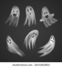 Set of realistic halloween ghosts, scary flying phantoms on transparent background. Vector images of transparent white ghosts.