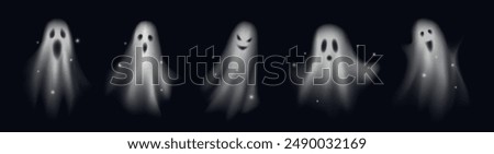 Set of Realistic Halloween ghosts. Scary silhouettes of translucent phantoms and monsters flying in air. Foggy figures with spooky faces. 3D vector illustration collection isolated on black background