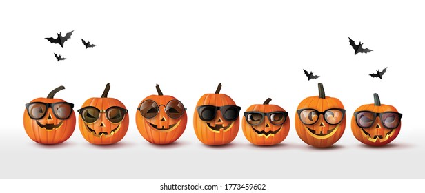 Conjunto de calabazas naranjas realistas de Halloween,Elementos para la celebración y decoración de las vacaciones de Halloween de otoño, aislados en fondo blanco.Ilustración vectorial. 