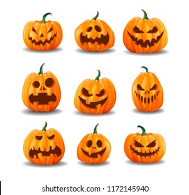 Set of realistic Halloween pumpkins isolated on white background. Vector illustration.