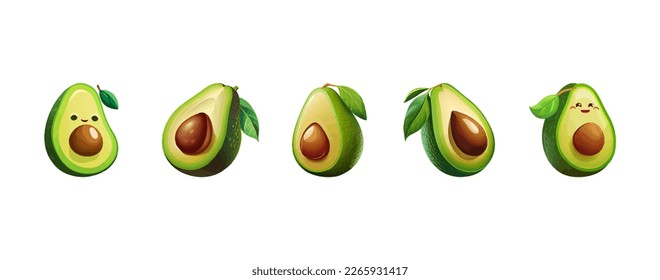 Set of realistic halved avocado, vector illustration, cartoon style. Green and half-cut avocado. Tropical fruits, avocado snacks or vegetarian food. Vector illustration isolated on white background.