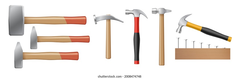 Conjunto de martillo realista y martillo con mangos de caucho y madera golpeando las uñas en madera aislada sobre fondo blanco. Concepto de la industria del carpintero. 3.ª ilustración vectorial