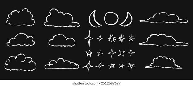 Conjunto de giz de mão realista desenhado nuvens fofas, estrelas e lua. Coleção de símbolos de céu branco escrevendo por crianças no quadro. Elementos de design vetorial em estilo doodle com textura grunge