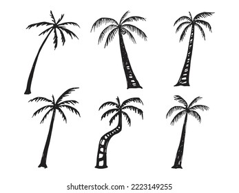 set of realistic hand drawn palm trees silhouettes