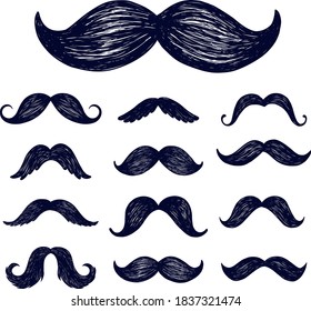 Set of realistic hand drawn vector mustache in black and white illustration