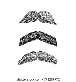 Set of realistic hand drawn vector mustache in black and white illustration
