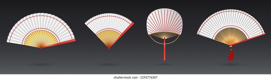 Set of realistic hand fans png isolated on transparent background. Vector illustration of traditional asian souvenir of different shapes with red decoration. Folding paper or silk geisha accessory