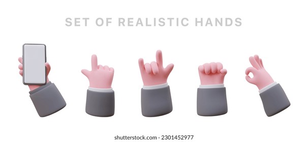 Set of realistic hand gestures. 3d illustration of gesture ok, cool, together power, rock, goat horn. Phone in man hand. Index finger shows direction. Collection of signs for social networks