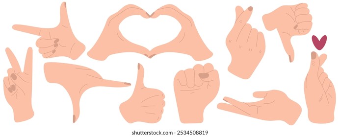 Set of realistic hand gestures. Finger love, heart shape, showing pointing with finger, fist in white skin color isolated on white. Hand drawn vector illustration in flat. Communication, body language