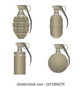 Set of realistic hand grenade isolated on white background