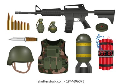 Set Of Realistic Hand Grenade Or Military Equipment  Or Hand Riot Tear Gas Or High Explosive TNT Concept.