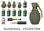 set of realistic hand grenade or hand smoke grenade or hand riot tear gas or high explosive TNT concept. eps 10 vector