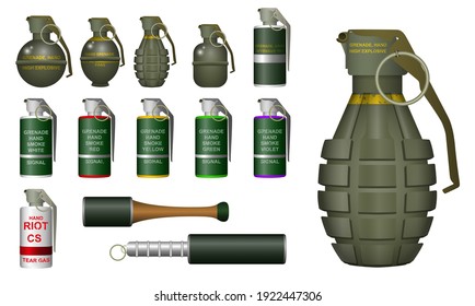 Set Of Realistic Hand Grenade Or Hand Smoke Grenade Or Hand Riot Tear Gas Or High Explosive TNT Concept. Eps 10 Vector