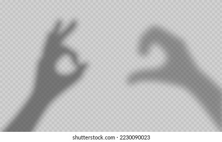 Conjunto de sombras de mano realistas png aisladas en un fondo transparente. Ilustración vectorial de las siluetas humanas de palma y dedo haciendo gestos de corazón y de bienestar. Símbolos del lenguaje corporal