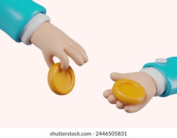 Set of realistic hands with coins. Vector elements in different poses