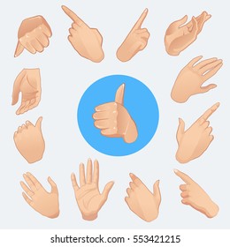 Set of realistic hands in different gestures, emotions and signs. isolated on white background. Vector illustration