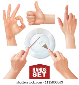 Set of realistic hands holding cutlery near empty dish and various gestures isolated vector illustration 