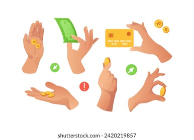 Set of realistic hands performing financial transactions. Coins and bills, bank and credit cards. Investments, finance, profit or benefit, trade. Online banking applications. Economy, payment concept