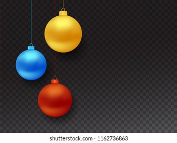Set of realistic hanging Christmas balls in blue, gold and red color isolated on transparent background. Vector design element