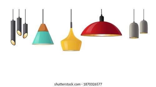 Set Of Realistic Hanging Lamps With Stylish Bizarre Lampshades. Modern Chandeliers With Light Bulb, Lamps With Shades. Home, Room Or Studio Decor Isolated On White Background. 3d Vector Illustration