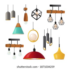 Set Of Realistic Hanging Lamps With Stylish Bizarre Lampshades Isolated On White Background. Modern Chandeliers With Light Bulbs, Lamps With Shades. Home, Room Or Studio Decor. 3d Vector Illustration