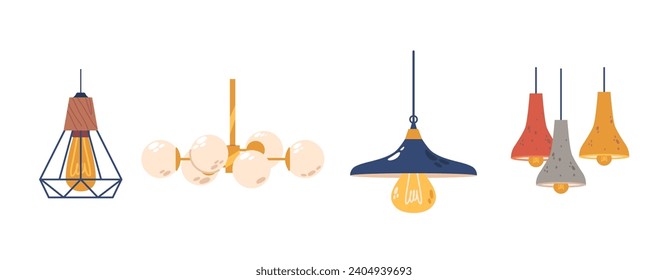 Set of Realistic Hanging Lamps with Stylish Bizarre Lampshades. Modern Chandeliers with Light Bulb, Lamps with Shades