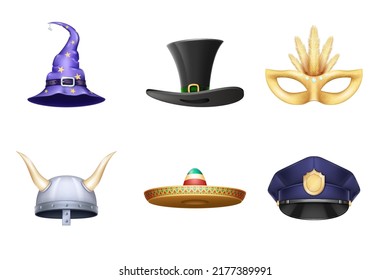 Set of realistic hats. Sombrero, carnival mask, viking helmet, police cop cap, witch hat and magician cylinder isolated on white background. 3d vector illustration